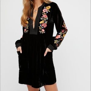 Free People Black Long Sleeve Dress with Floral Embroidery